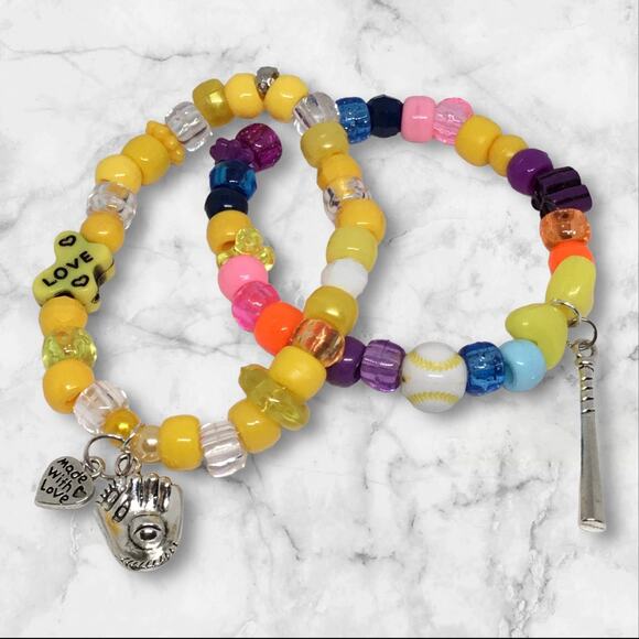 Handmade Friendship Bracelet Set Sporty Stretch Charms Fun Baseball Fan Yellow - Picture 1 of 3